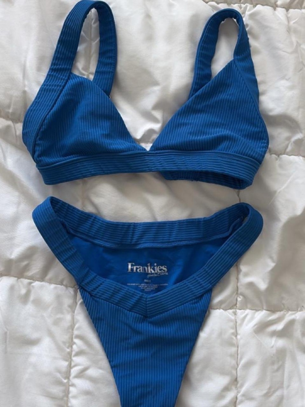 Bikinis Women's Blue Ribbed Triangle Swim Top & Bottom